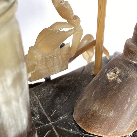 Crab Shrimp Lotus Hand Carved Animal Horn Sculpture Pen Holder Vintage Desk Set - Picture 14 of 16